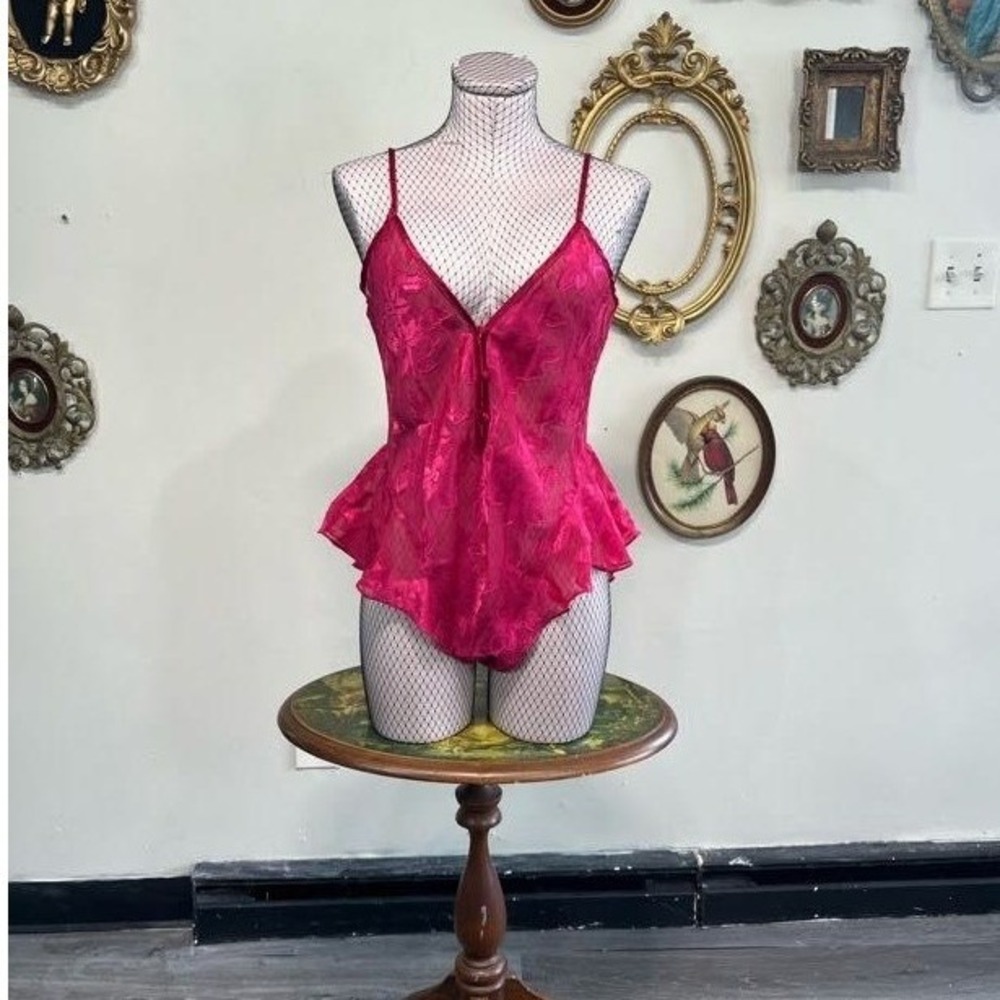 Vintage Victoria's Secret Gold Label Hot Pink Floral Jacquard Teddy